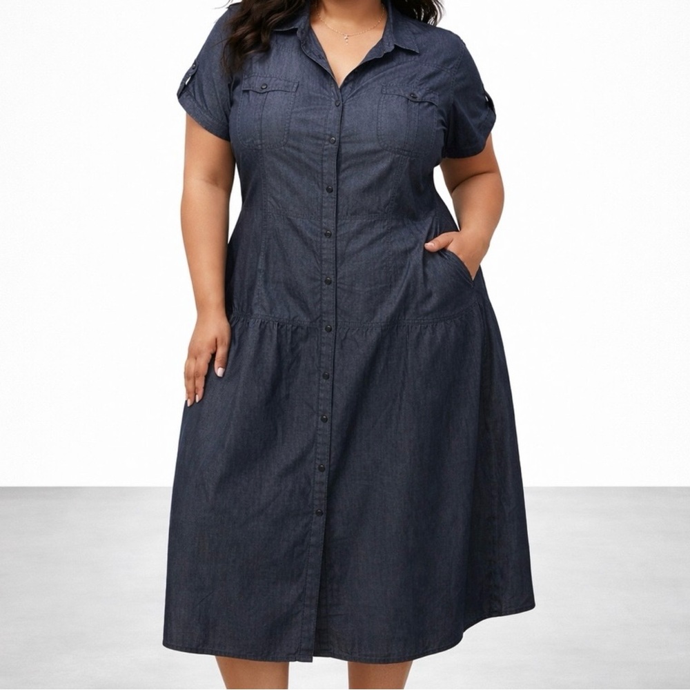 eShakti Dark Blue Chambray Cotton Dress Size 20W